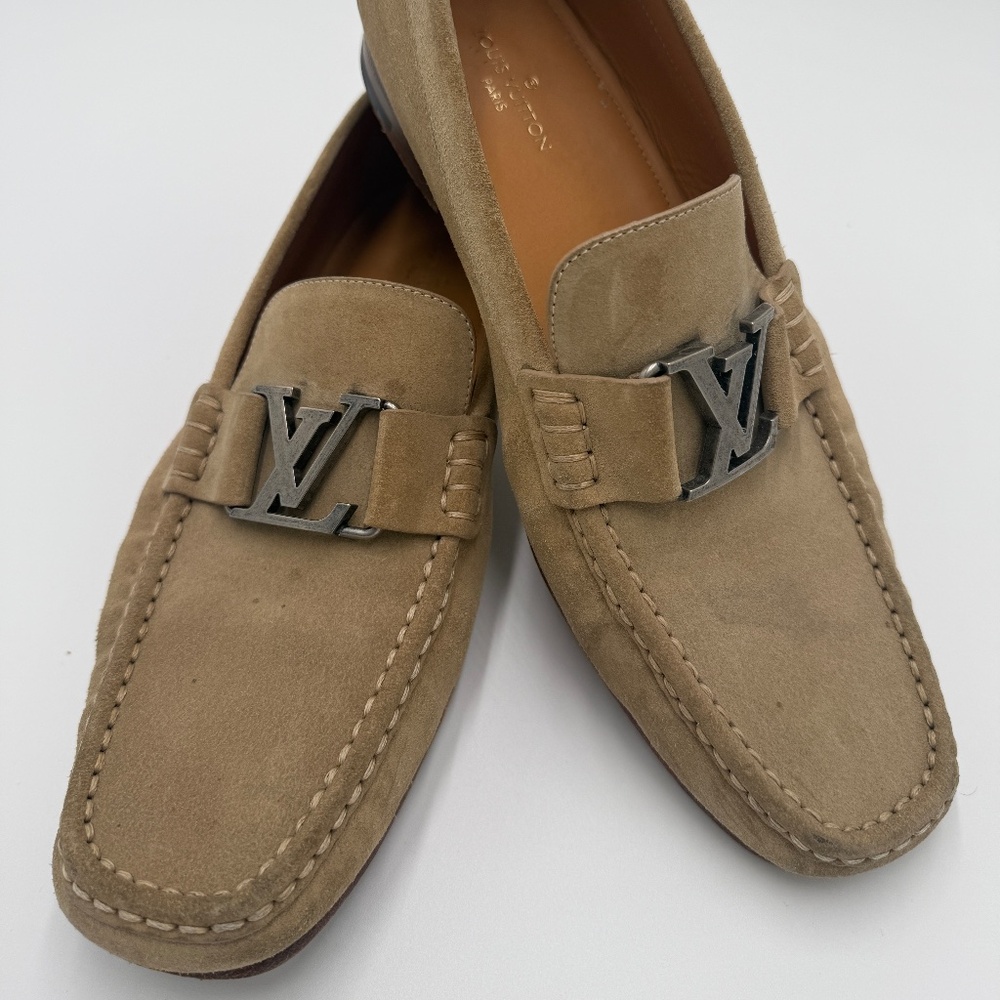 Louis Vuitton Beige Suede LV Buckle Loafers